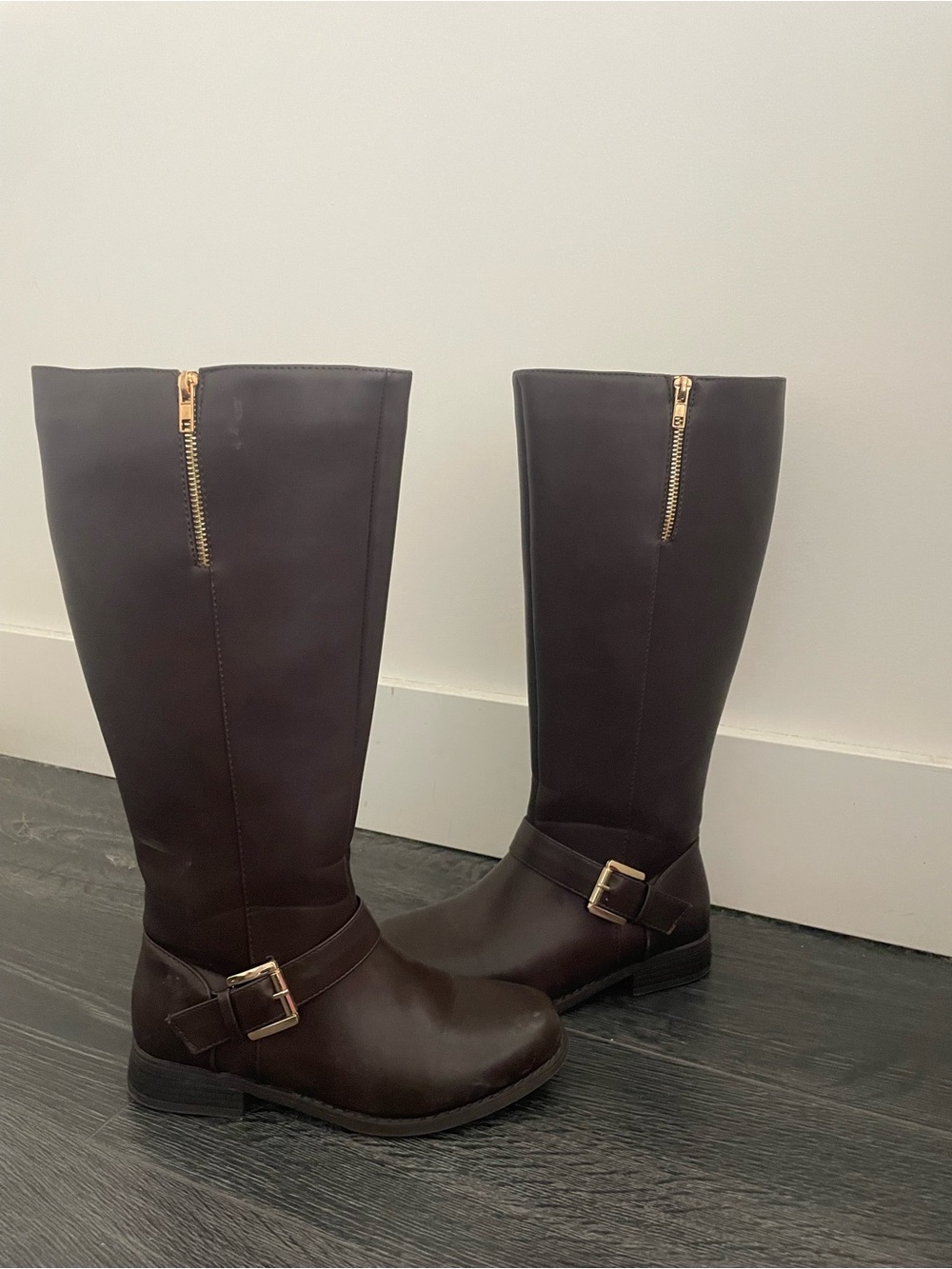 Ardene Dark Brown Knee-High Riding Boots with Gold Hardware